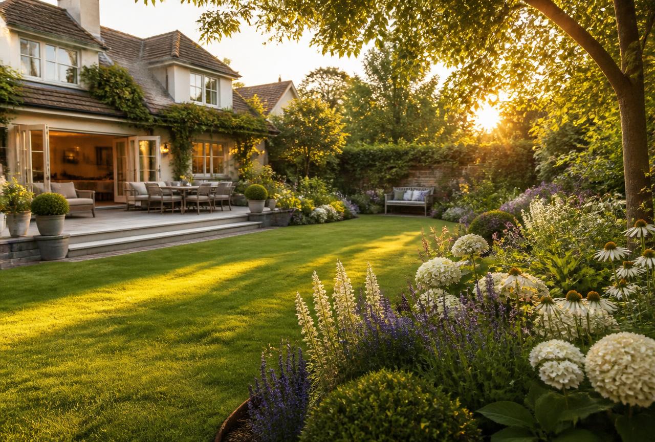 Lush residential garden with lawn and deep flowering borders at golden hour