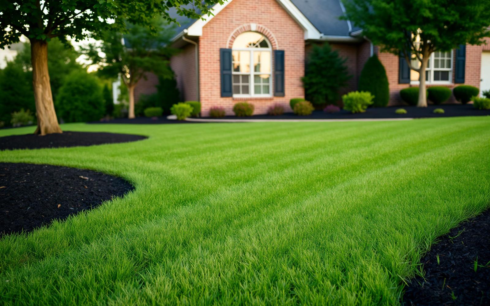 Freshly mowed residential lawn with tidy shrub beds and dark mulch beside a brick home