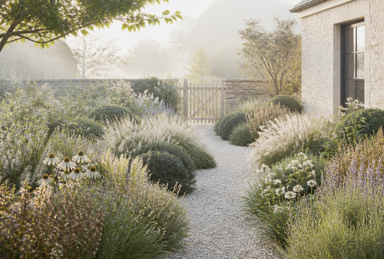 Soft perennial planting and gravel path in morning light