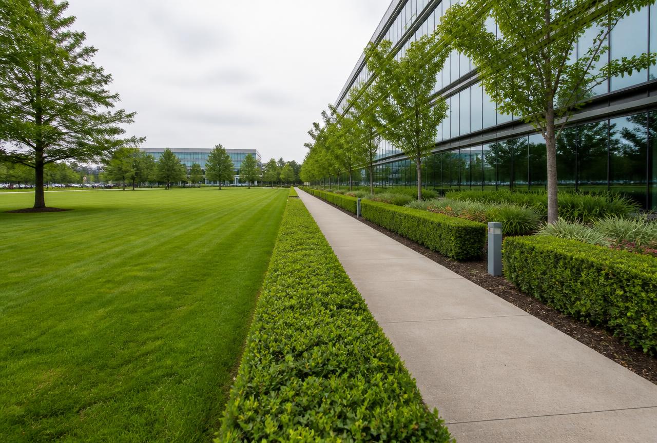 Maintained lawns and clipped hedges beside a modern office building